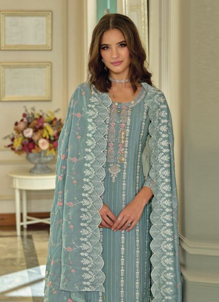 Light Teal Blue Premium Silk Thread-Work Party-Wear Readymade Pant-Bottom Salwar Kameez