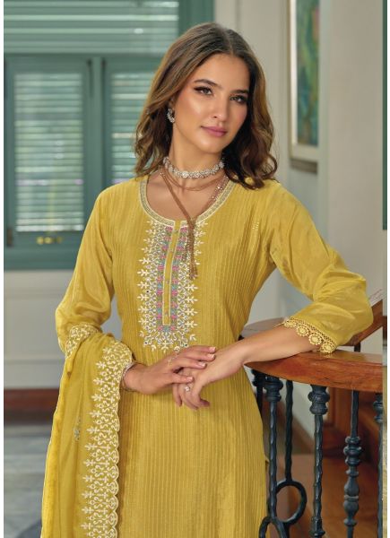 Yellow Premium Silk Thread-Work Party-Wear Readymade Pant-Bottom Salwar Kameez