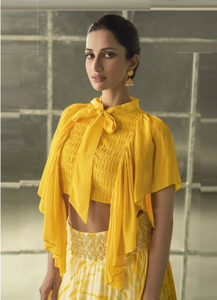 Yellow Georgette & Silk Digitally Printed Haldi Special Wedding-Wear Readymade Choli & Skirt Set
