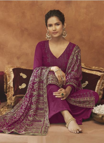 Purple Georgette With Diamond & Swarovski Work Festive-Wear Pant-Bottom Salwar Kameez