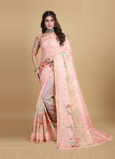 Light Pink Linen Cotton Floral Digitally Printed Saree