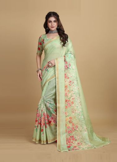 Light Green Linen Cotton Floral Digitally Printed Saree