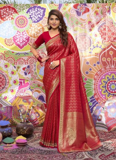 Red Woven Satin Silk Party-Wear Boutique-Style Saree