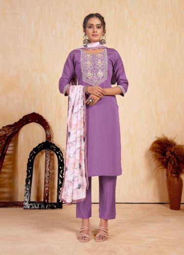 Lavender Romal Viscose Silk Printed Festive-Wear Pant-Bottom Readymade Salwar Kameez