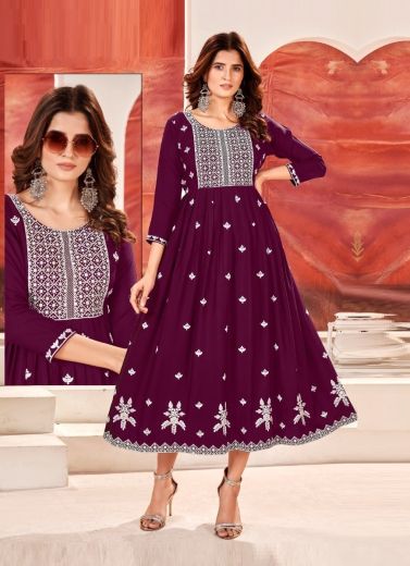 Purple Rayon Sequins & Thread-Work Readymade Anarkali Kurti For Traditional / Religious Occasions
