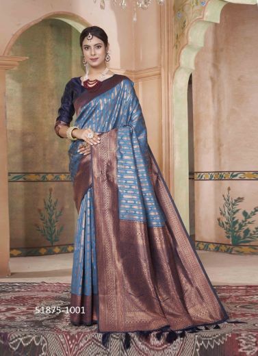 Steel Blue Woven Kanjivaram Silk Saree For Traditional / Religious Occasions