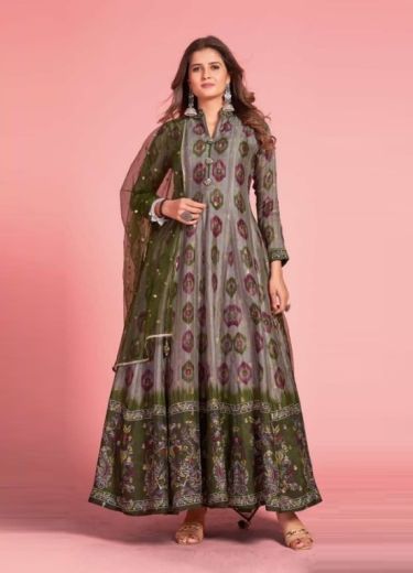 Gray & Olive Green Pure Dola Silk With Jacquard Butti Readymade Gown With Dupatta