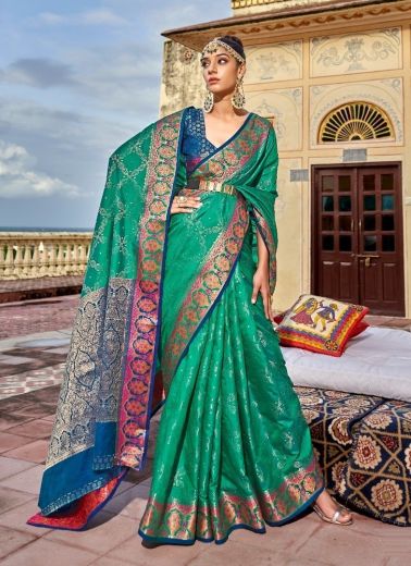 Sea Green Silk Weaving Festive-Wear Handloom Saree