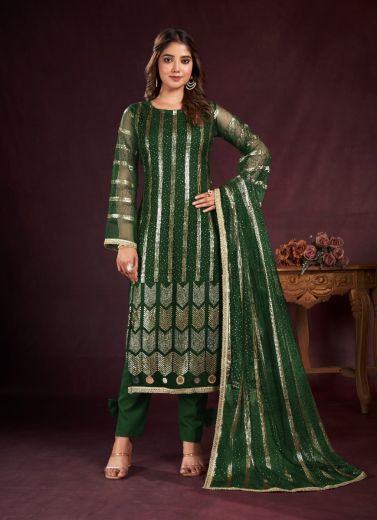 Green Two Tone Net Sequins-Work Party-Wear Straight-Cut Salwar Kameez