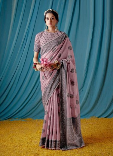 Dull Pink Linen-Cotton Printed Office-Wear Saree