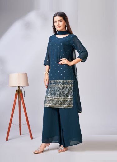Sea Blue Georgette Embroidered Party-Wear Palazzo-Bottom Readymade Salwar Kameez