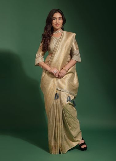Beige Kanjivaram Silk Weaving Party-Wear Saree