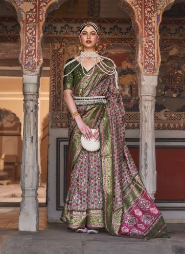 Olive Green Silk Party-Wear Saree With Belt