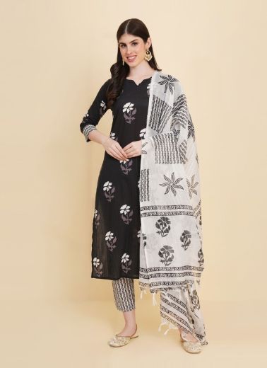 Black Cotton Printed Summer-Wear Trending Readymade Salwar Kameez