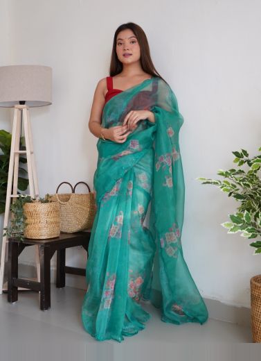 Teal Green Organza Sequins & Aari-Work Party-Wear Boutique-Style Saree
