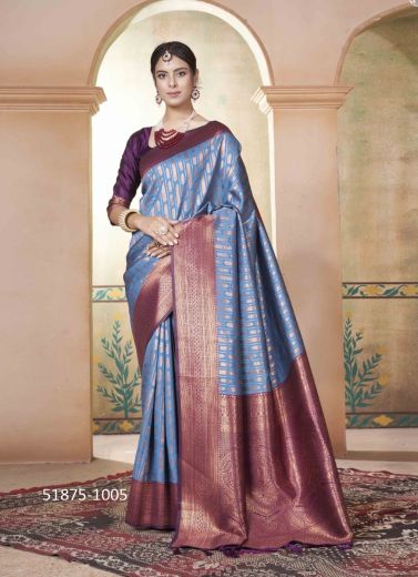 Steel Blue Woven Kanjivaram Silk Saree For Traditional / Religious Occasions