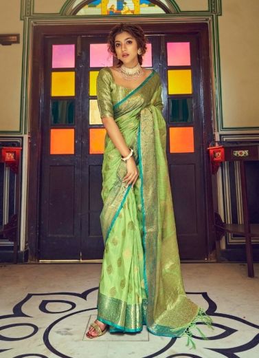 Light Green Tusser Weaving Festive-Wear Silk Saree