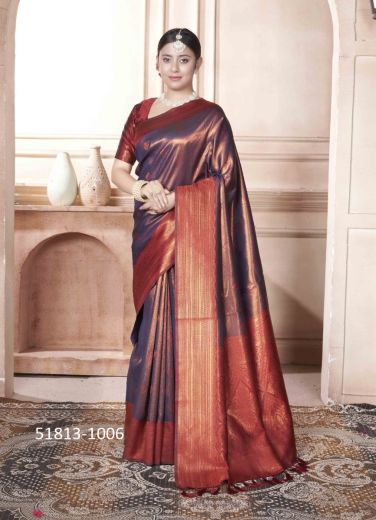 Violet Woven Kanjivaram Silk Saree For Traditional / Religious Occasions