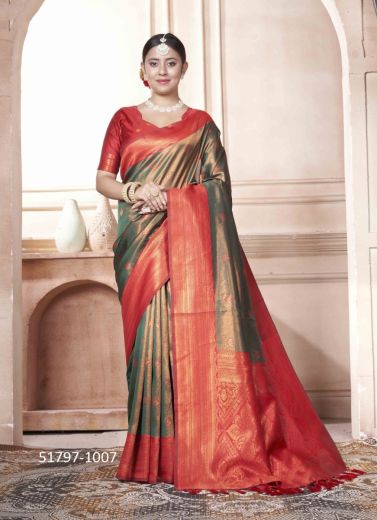 Teal Green Woven Kanjivaram Silk Saree For Traditional / Religious Occasions