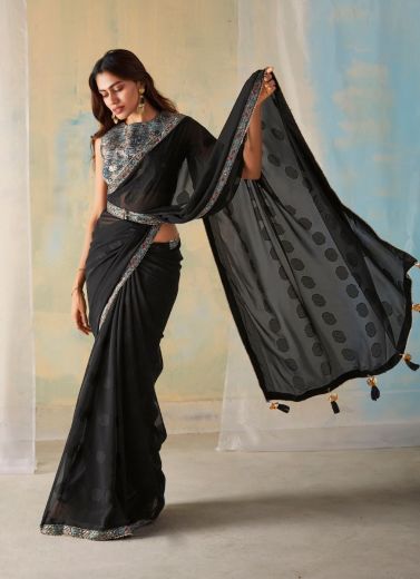 Black Georgette Weaving Party-Wear Fashionable Saree