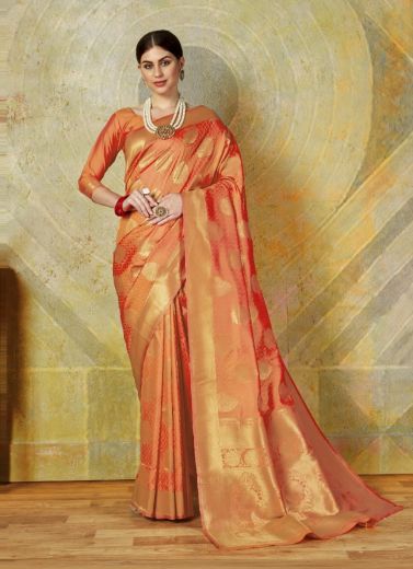 Coral Handloom Woven Silk Saree For Traditional / Religious Occasions