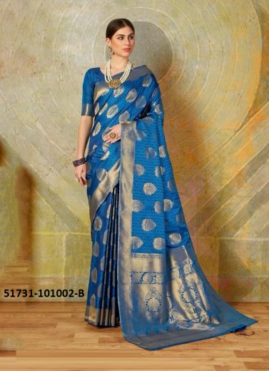 Royal Blue Woven Soft Silk Saree For Traditional / Religious Occasions
