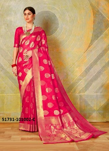 Dark Pink Woven Soft Silk Saree For Traditional / Religious Occasions