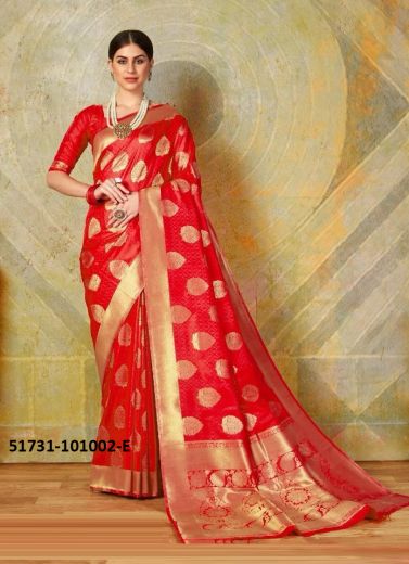 Red Woven Soft Silk Saree For Traditional / Religious Occasions