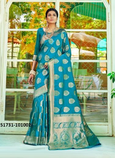 Sky Blue Woven Soft Silk Saree For Traditional / Religious Occasions