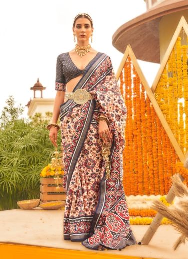 Bone White & Navy Blue Patola Silk Printed Saree For Traditional / Religious Occasions