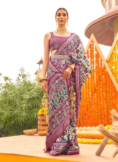 White & Purple Patola Silk Printed Saree For Traditional / Religious Occasions
