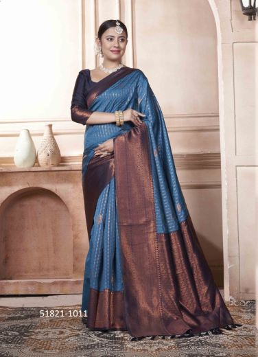 Royal Blue Woven Kanjivaram Silk Saree For Traditional / Religious Occasions
