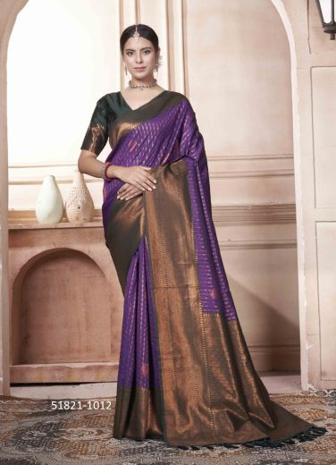 Violet Woven Kanjivaram Silk Saree For Traditional / Religious Occasions