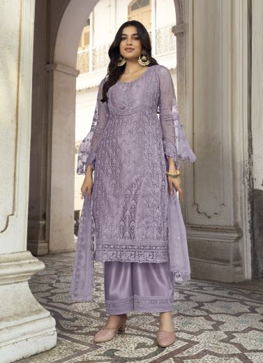 Lilac Net Embroidered Festive-Wear Pant-Bottom Salwar Kameez