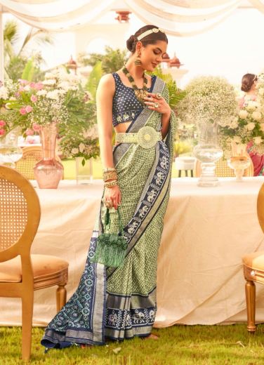Light Green & Navy Blue Patola Silk Printed Saree For Traditional / Religious Occasions