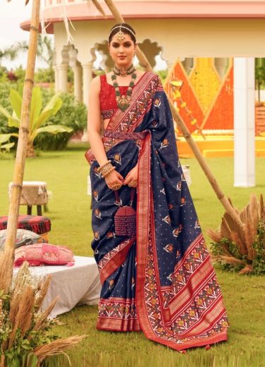Navy Blue Printed Patola Silk Saree For Traditional / Religious Occasions