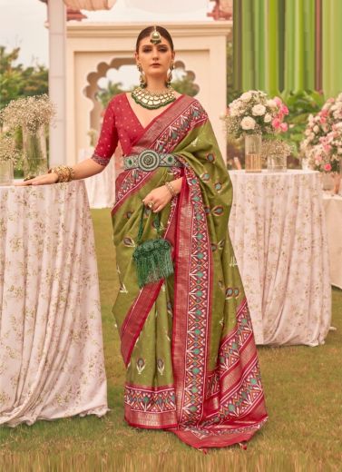 Olive Green Printed Patola Silk Saree For Traditional / Religious Occasions
