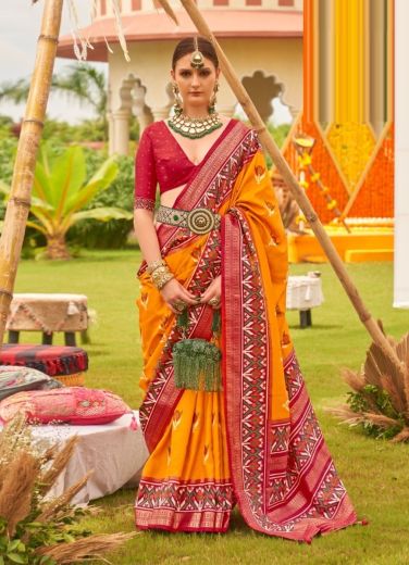 Orange Printed Patola Silk Saree For Traditional / Religious Occasions