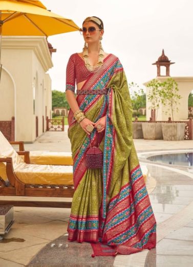 Olive Green & Maroon Patola Silk Printed Saree For Traditional / Religious Occasions