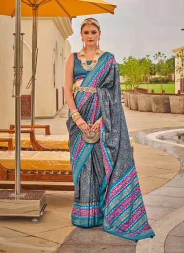 Navy Blue & Sky Blue Patola Silk Printed Saree For Traditional / Religious Occasions