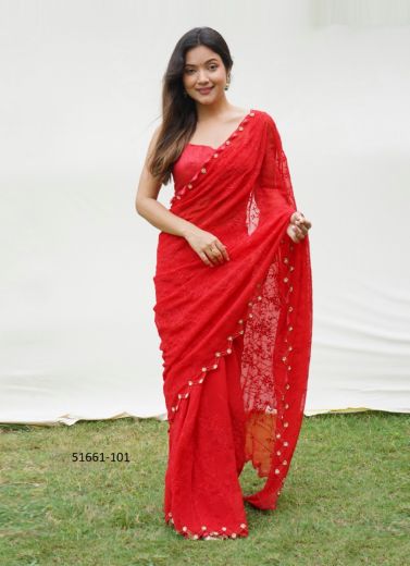 Red Georgette Chikankari-Work Party-Wear Beautiful Saree