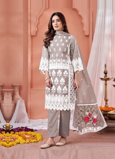 Warm Gray Organza Chikankari-Work Festive-Wear Straight-Cut Salwar Kameez