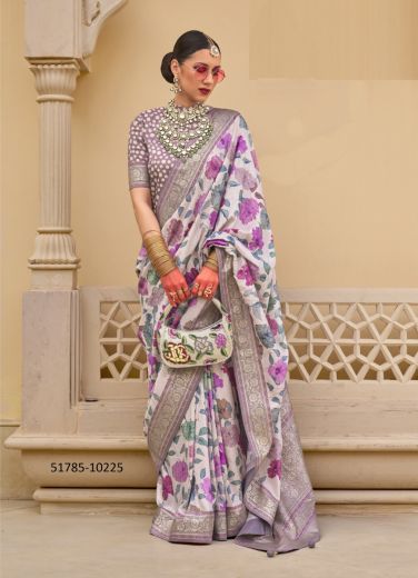 Off White & Lavender Silk Floral Digitally Printed Saree For Traditional / Religious Occasions