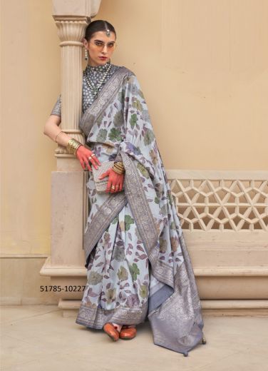 Light Blue Silk Floral Digitally Printed Saree For Traditional / Religious Occasions
