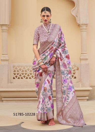 Light Pink Silk Floral Digitally Printed Saree For Traditional / Religious Occasions
