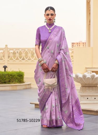 Lilac Silk Floral Digitally Printed Saree For Traditional / Religious Occasions