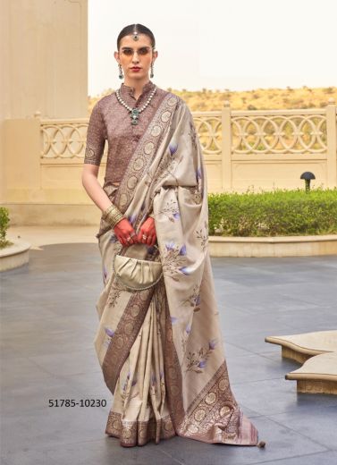Beige Silk Floral Digitally Printed Saree For Traditional / Religious Occasions