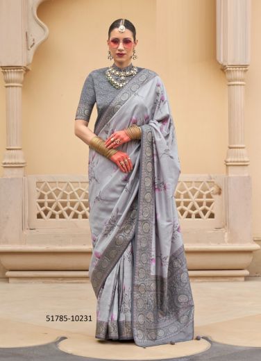 Gray Silk Floral Digitally Printed Saree For Traditional / Religious Occasions