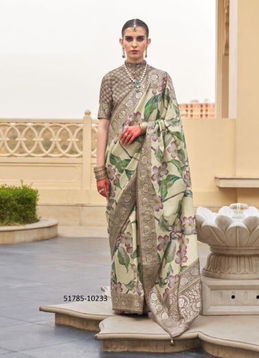 Light Sage Green Silk Floral Digitally Printed Saree For Traditional / Religious Occasions
