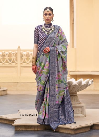 Steel Blue Silk Floral Digitally Printed Saree For Traditional / Religious Occasions